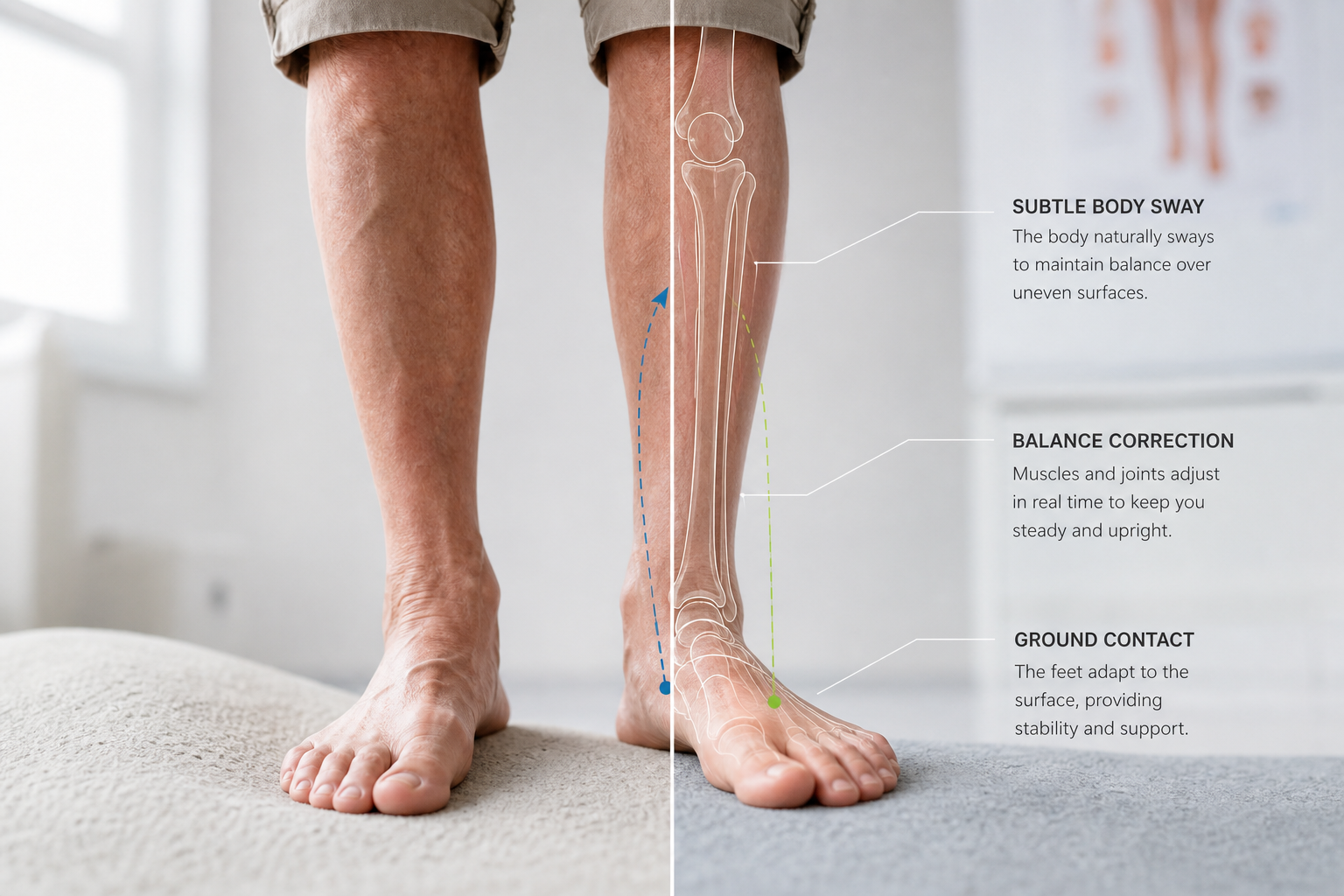 Senior person's feet and legs balancing on a surface, illustrating balance challenges with age