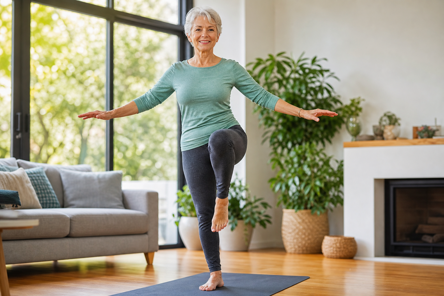 Older woman practicing single-leg balance exercise on a yoga mat in a bright living room