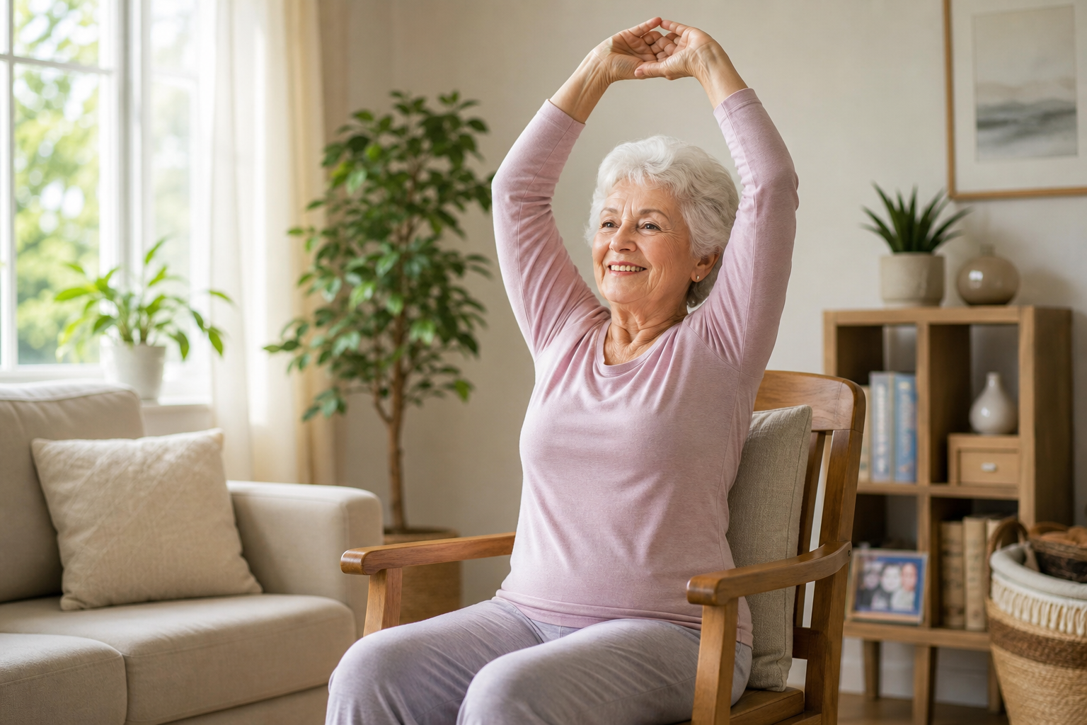 Elderly woman smiling and stretching arms overhead while seated in a chair doing yoga