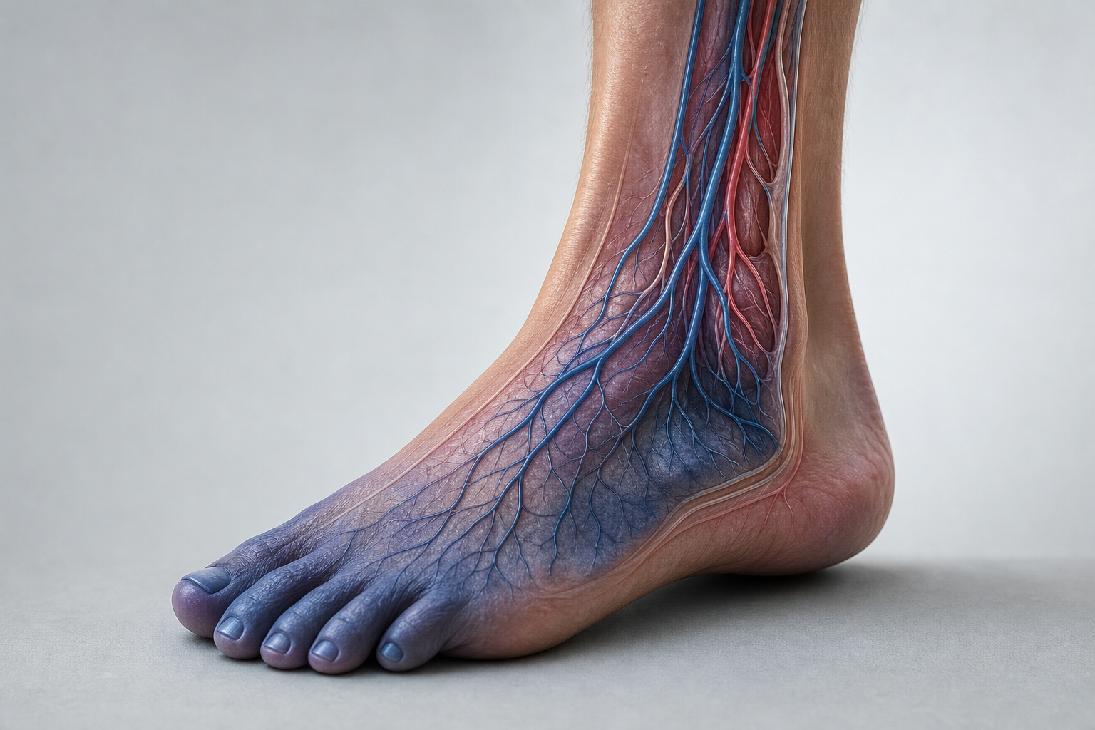 Close-up of a human foot and lower leg illustrating restricted blood flow and poor circulation