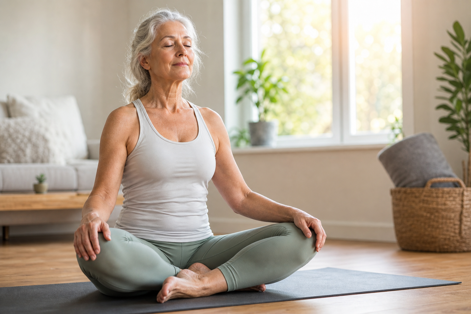 Senior woman resting and breathing calmly after exercise on a yoga mat
