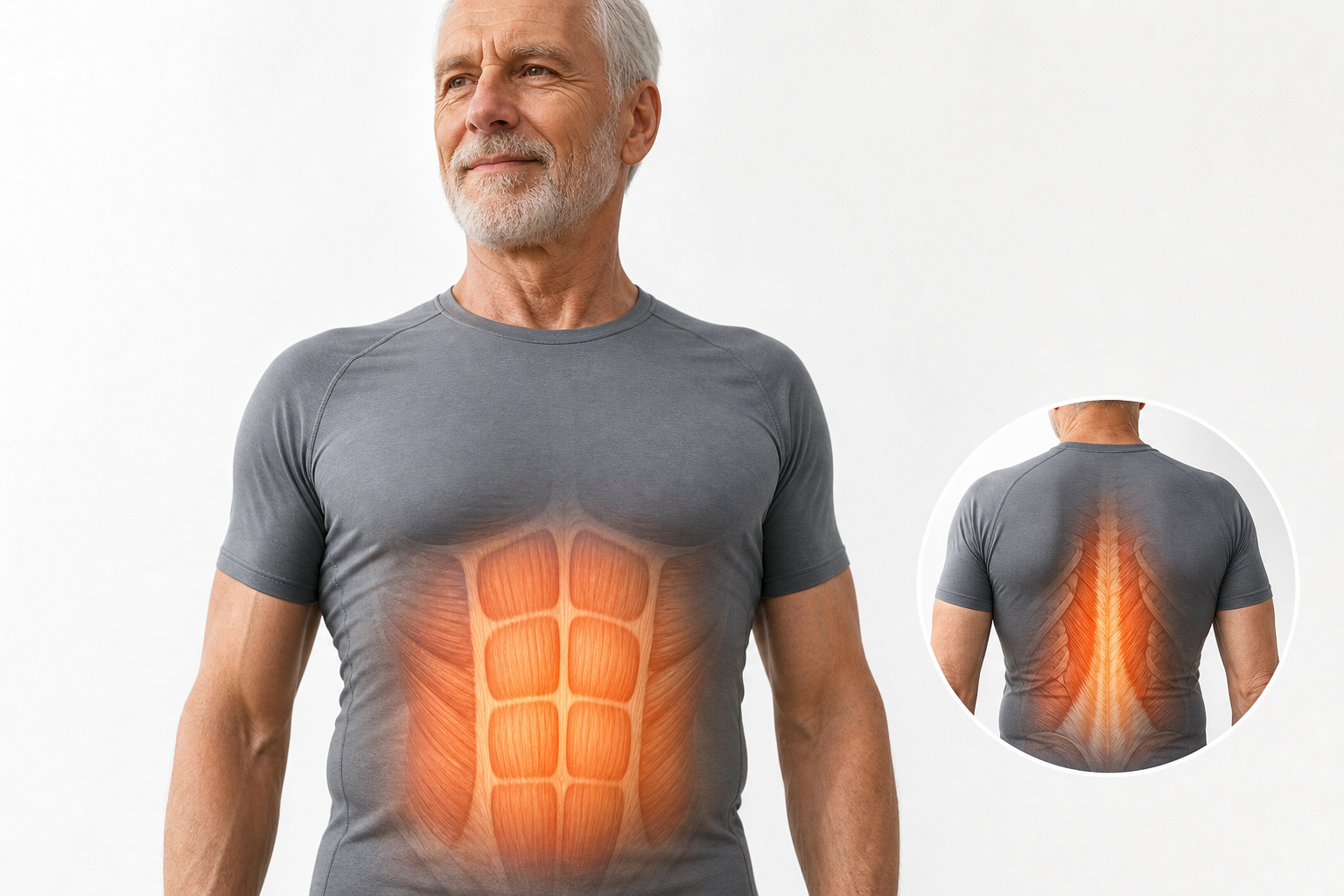 Senior man standing with strong upright posture highlighting core and back muscles