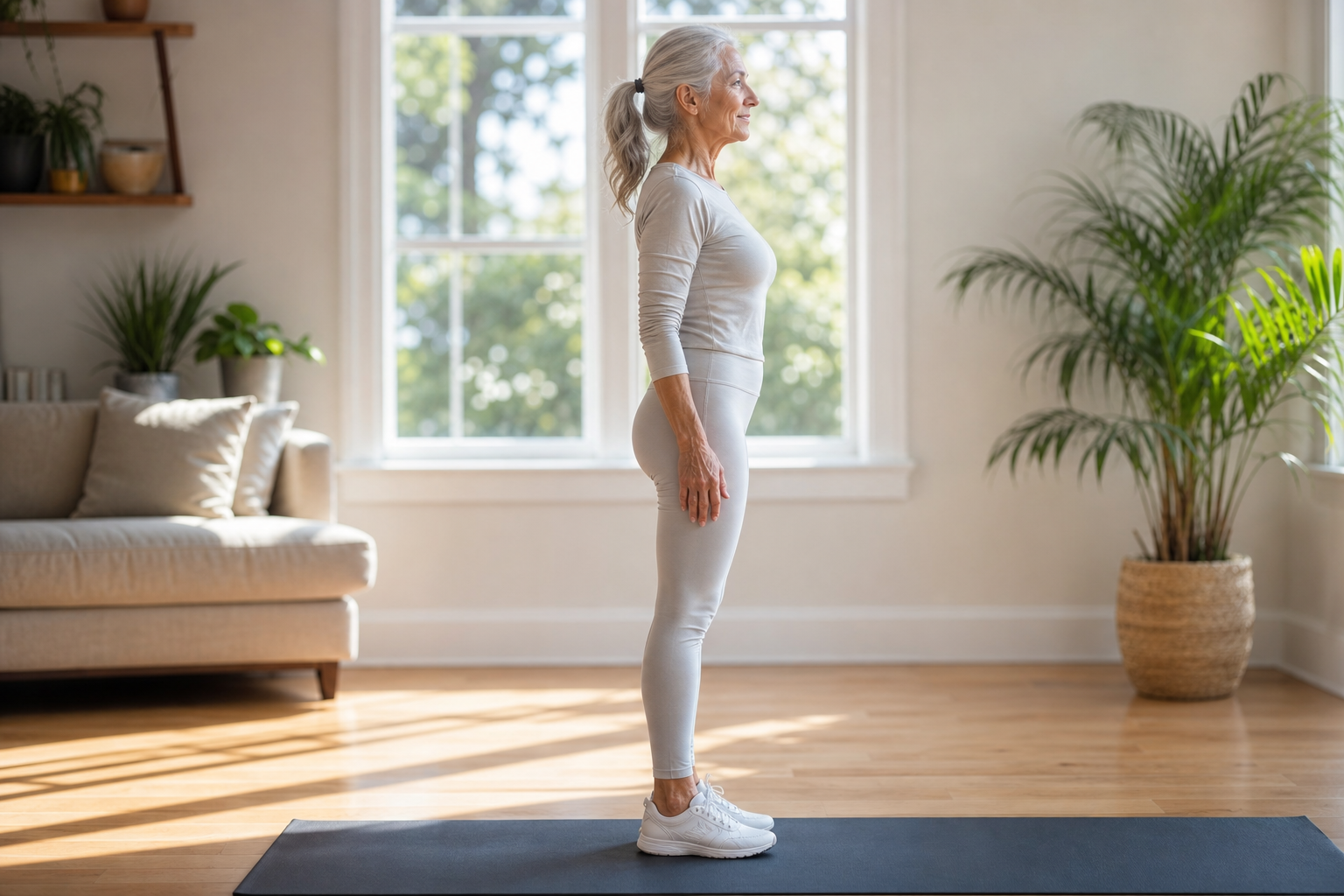 Elderly woman standing tall with good posture in a bright living room