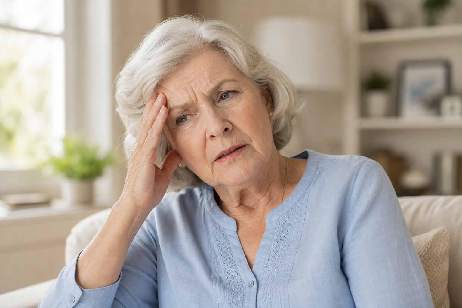 Elderly woman holding her temple experiencing dizziness while sitting at home