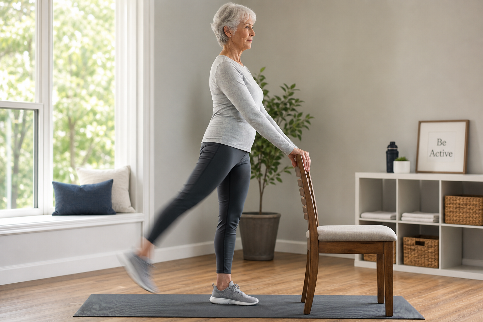 Senior woman performing a dynamic leg swing warm-up exercise near a chair