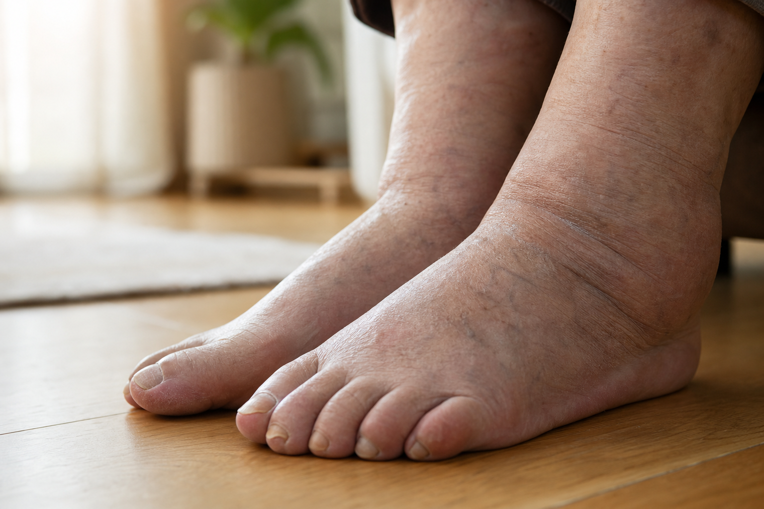 Close-up of an elderly person's feet showing signs of age-related foot changes