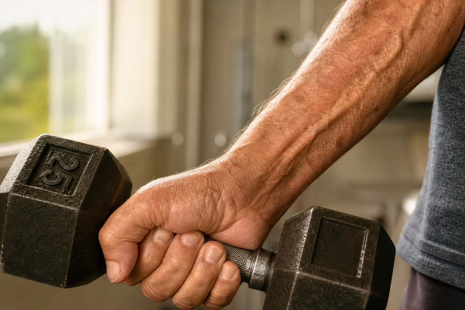 Close-up of an older adult's hand gripping a dumbbell, showing forearm muscle engagement