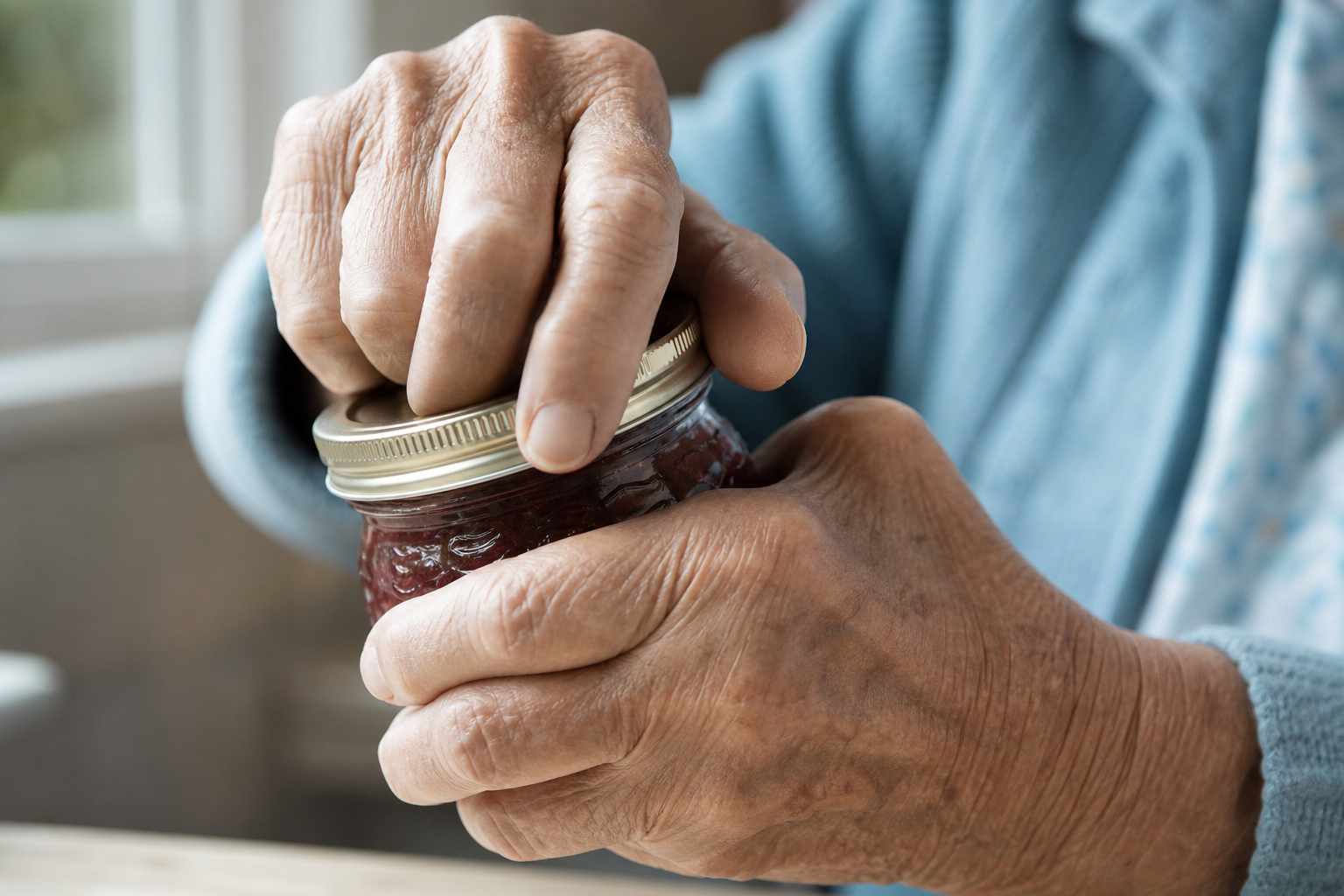 Elderly person's hands gripping a jar, illustrating the importance of hand strength in daily life