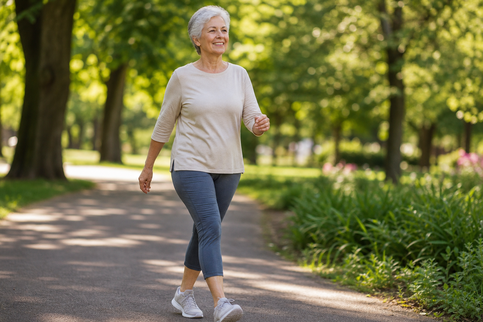 Senior woman walking confidently along a sunny park path