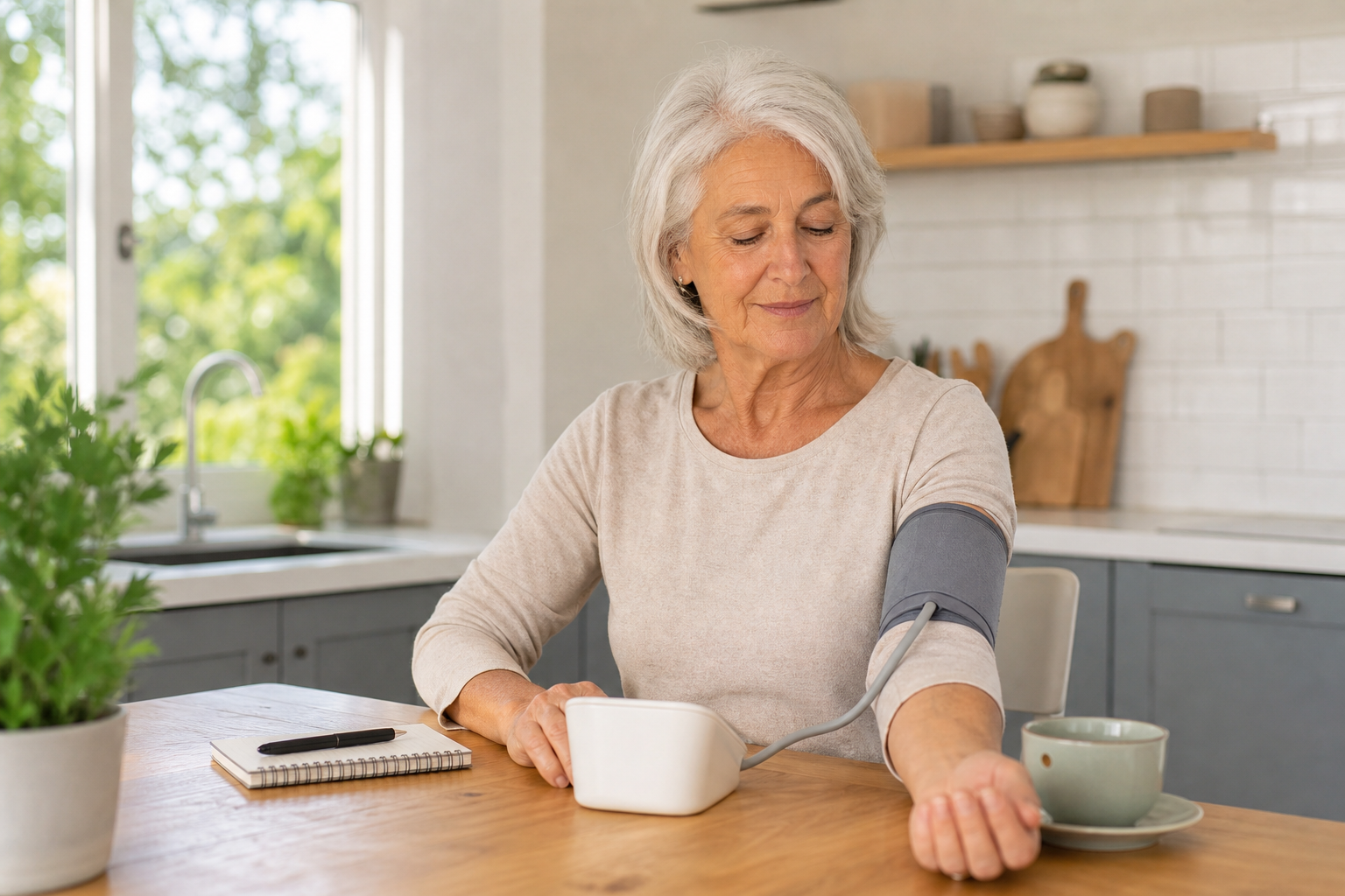 Active senior woman using a blood pressure monitor at home
