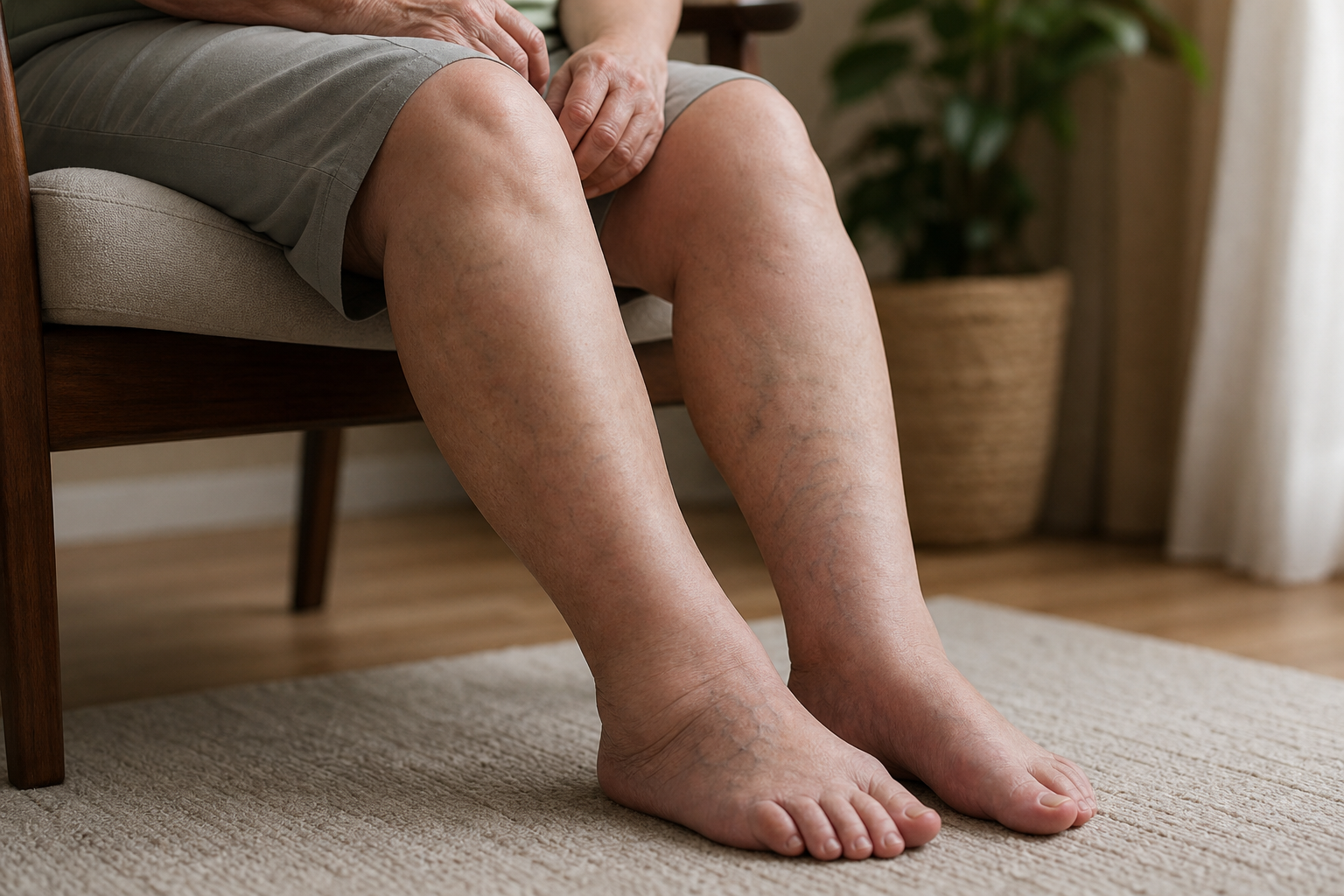 Elderly person's legs showing signs of poor circulation while seated at home
