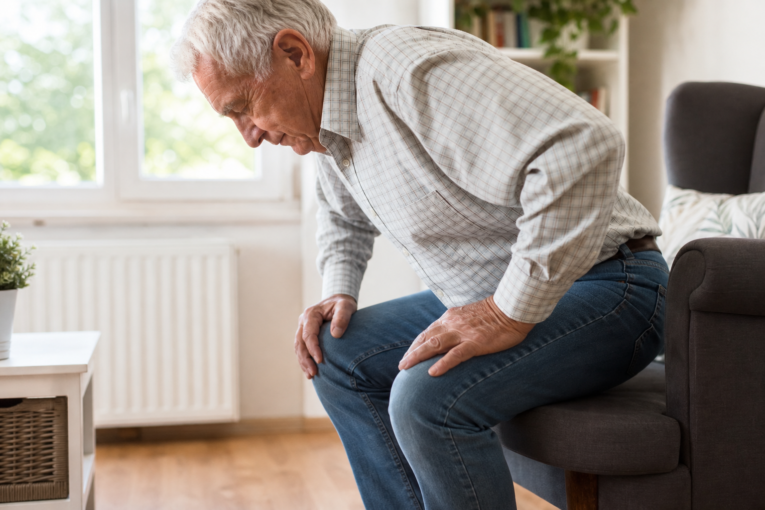 Elderly man using his hands on his knees to stand up from a chair, illustrating leg weakness in older adults
