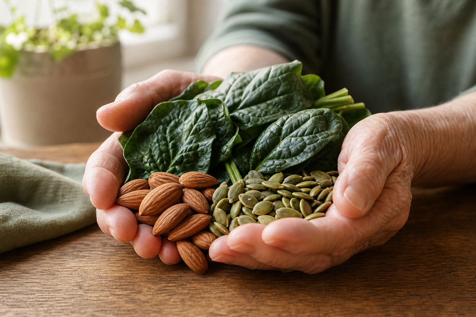 Elderly hands holding magnesium-rich foods like almonds and leafy greens on a wooden table