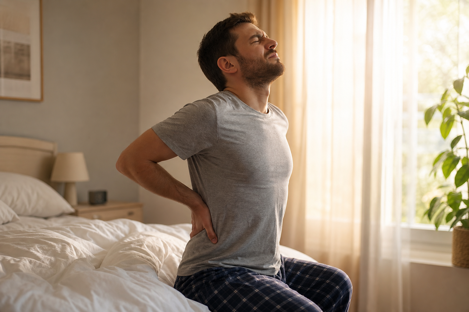 Person sitting on the edge of a bed in the morning, stretching their lower back in morning stiffness