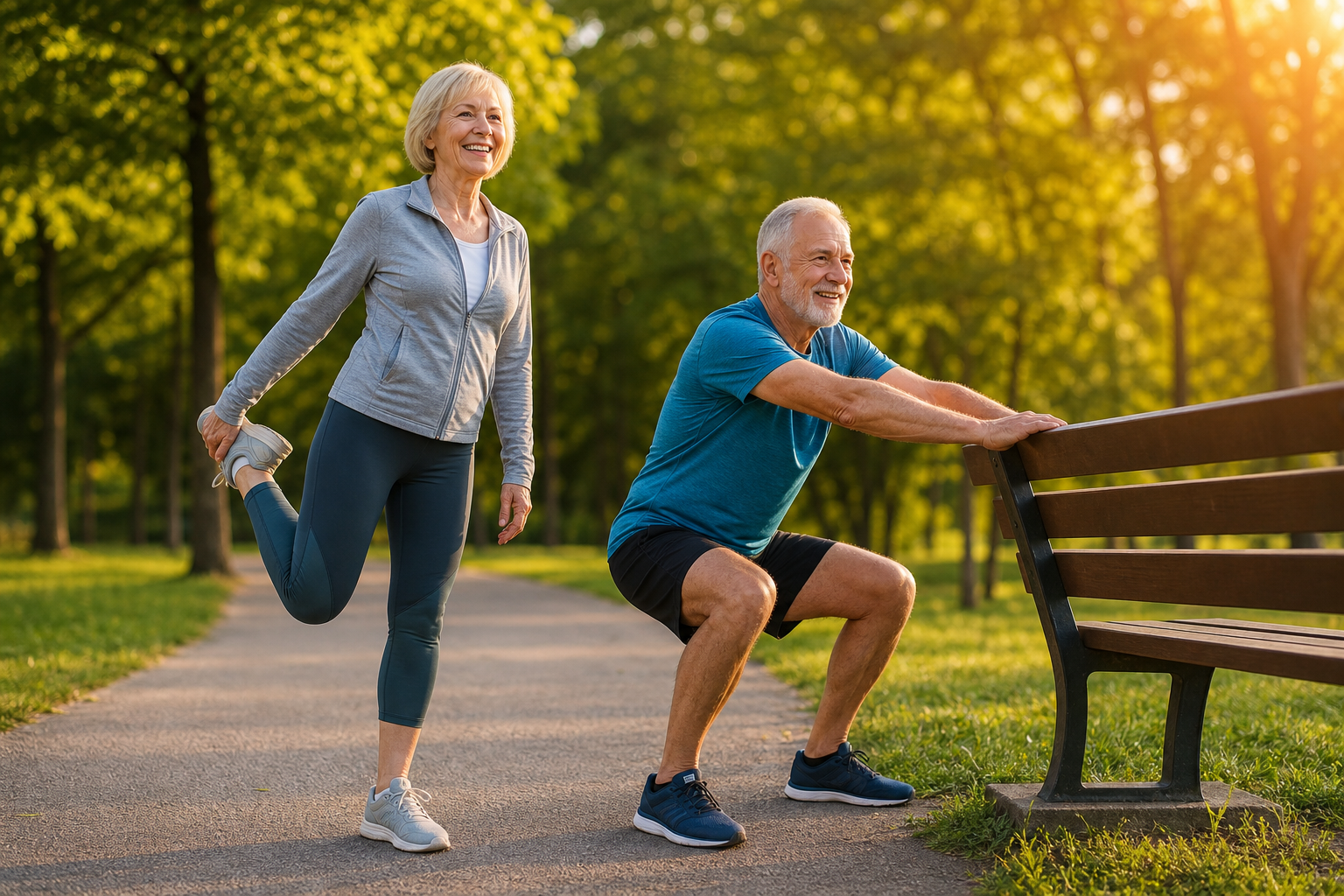 Two seniors exercising together outdoors, one stretching and one doing strength training