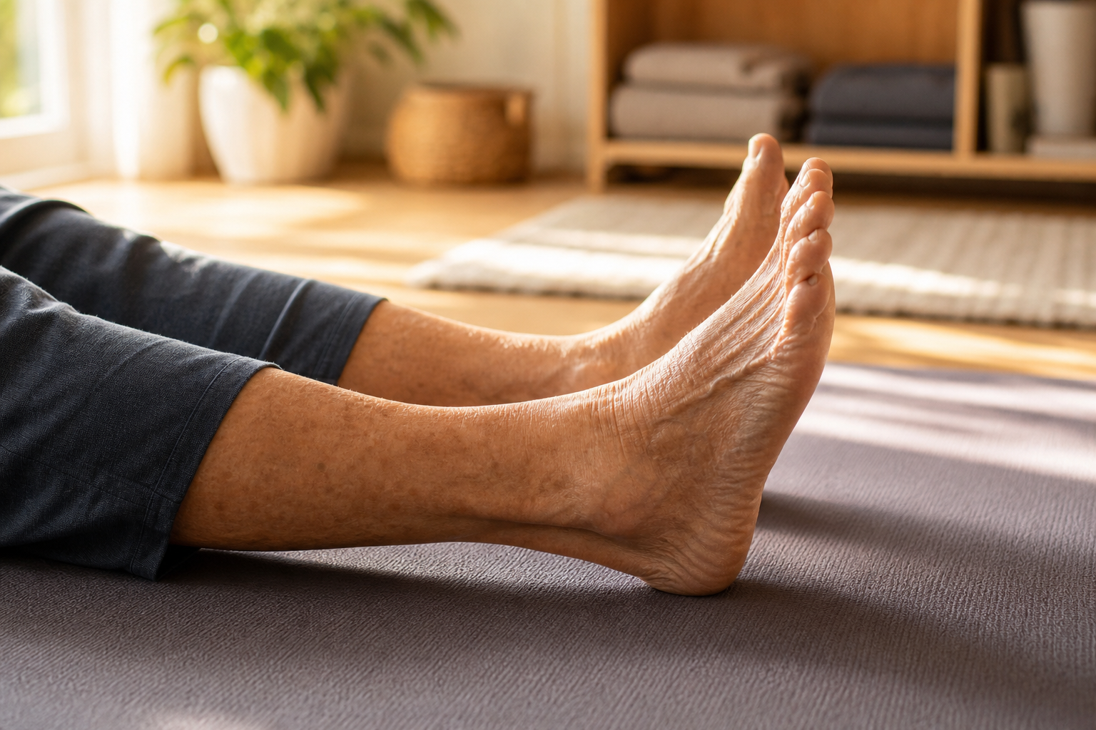 Elderly person's bare feet resting on a yoga mat in a calm home setting