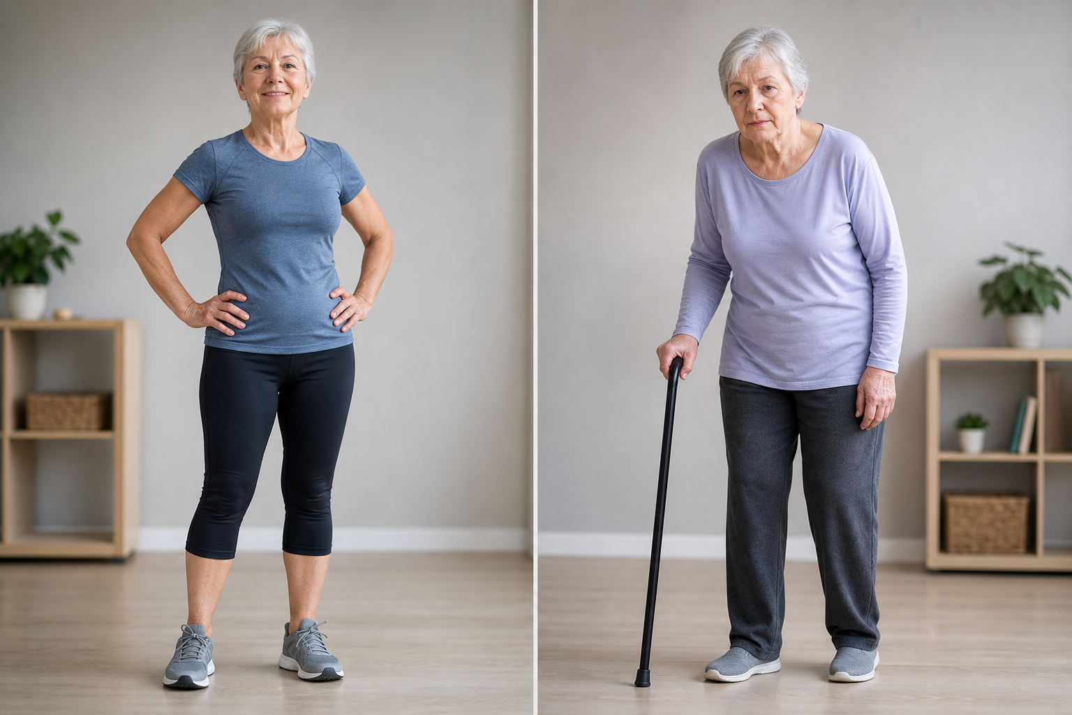 Side-by-side comparison illustrating gradual muscle loss in an older woman over time