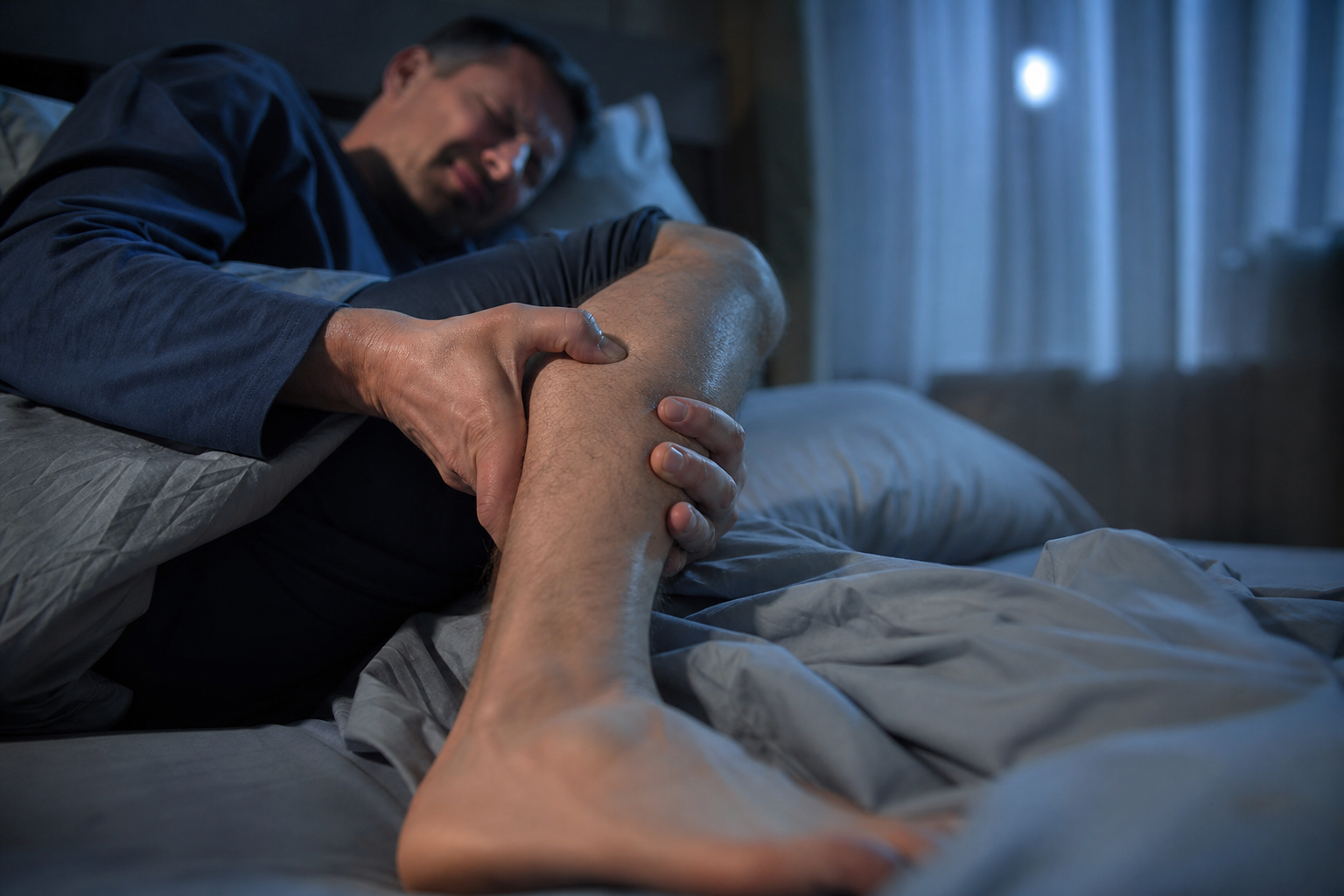 Person lying in bed at night gripping their calf muscle during a leg cramp