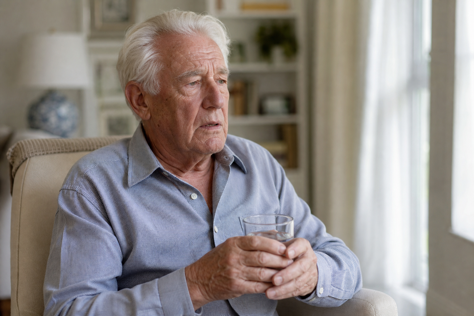 Elderly man sitting indoors holding a glass of water, looking fatigued in natural light