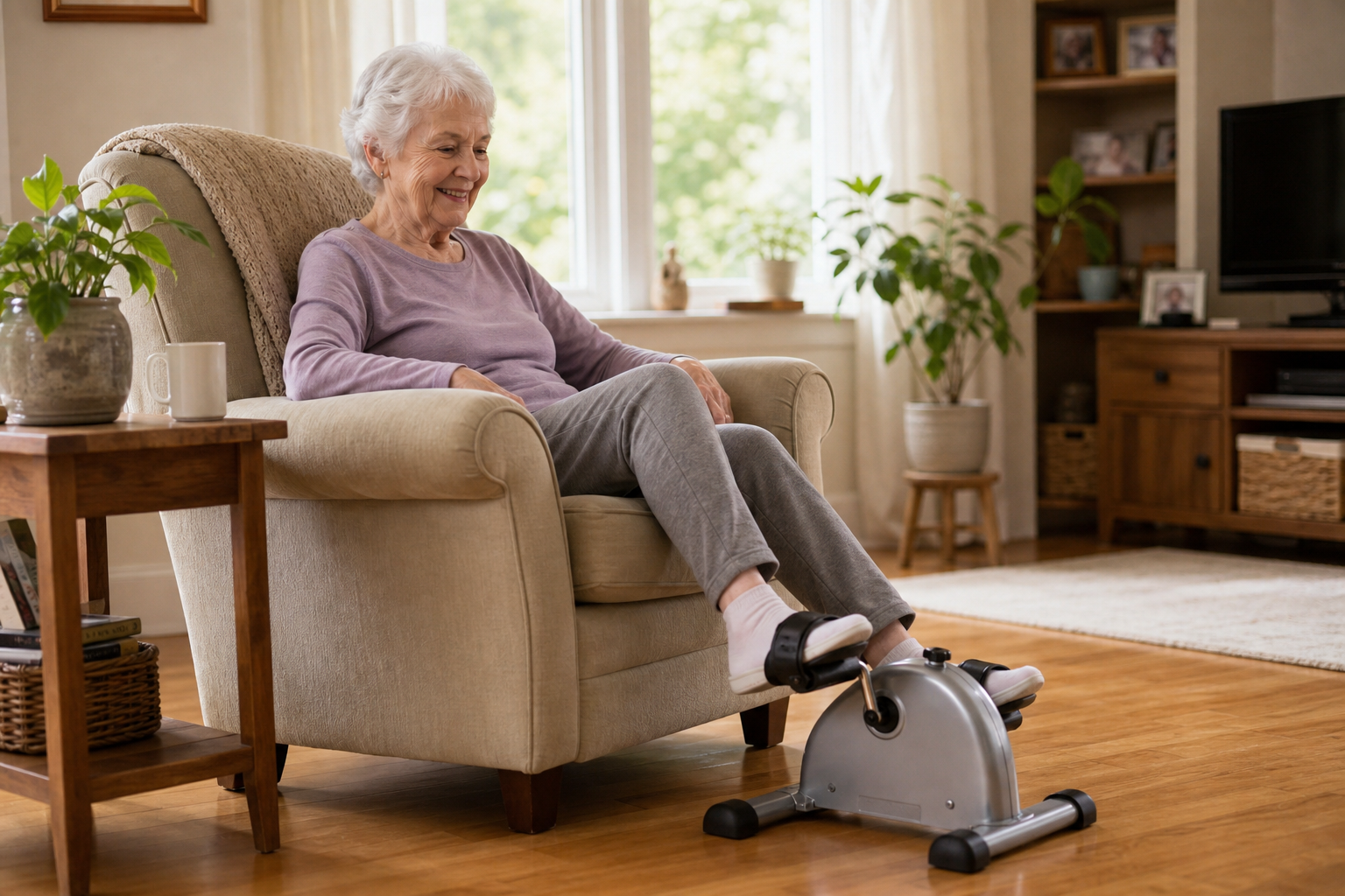 Elderly woman using a pedal exerciser while seated in a living room armchair