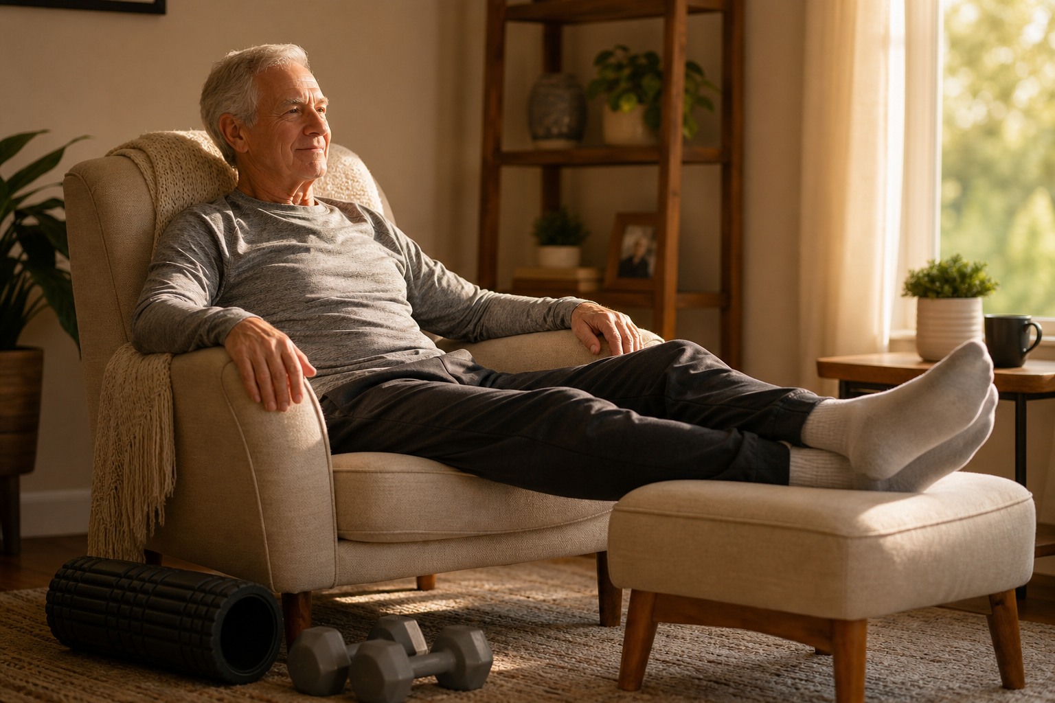 Older man resting comfortably at home after a workout session