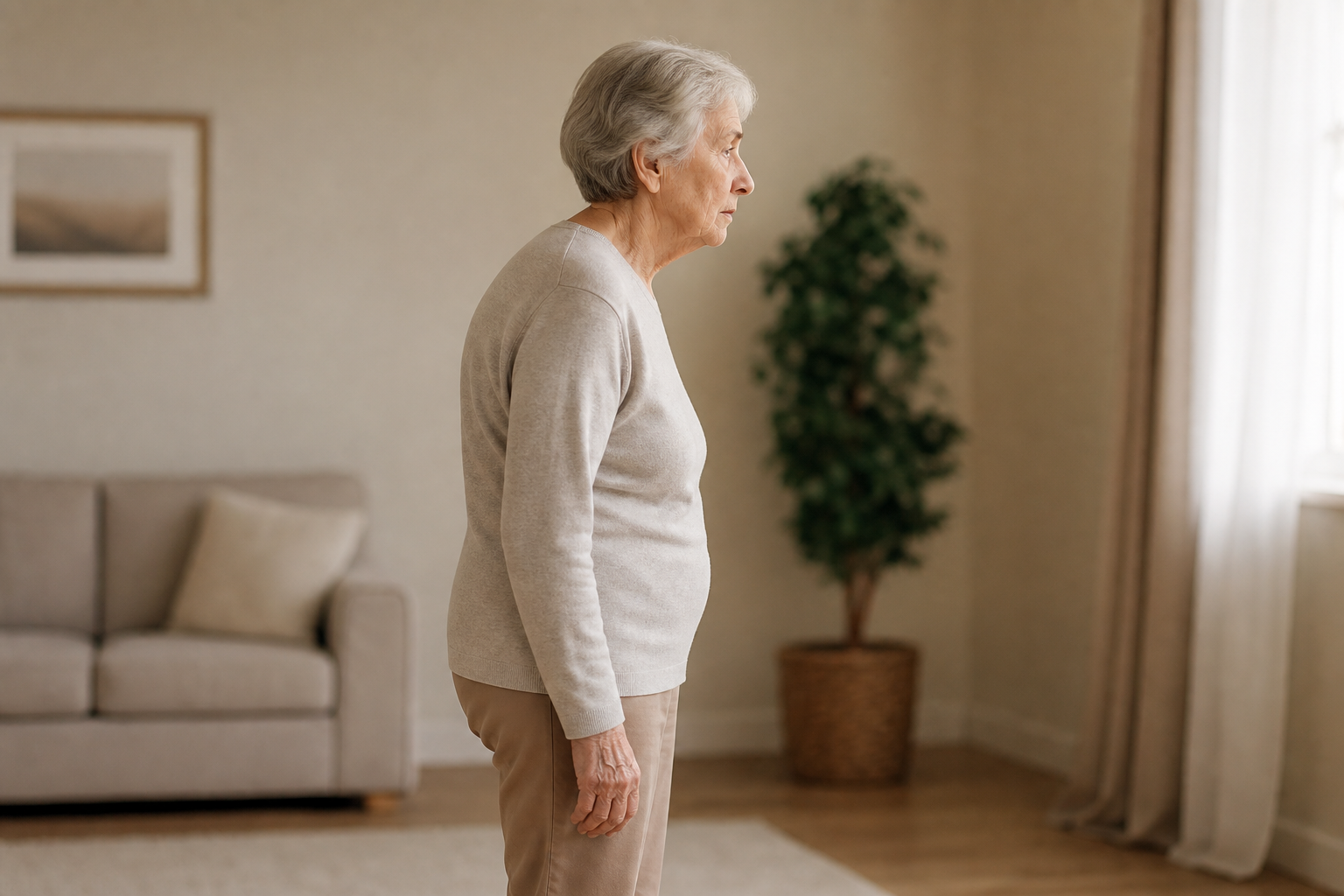 Elderly woman standing with rounded shoulders and forward head posture shown from the side