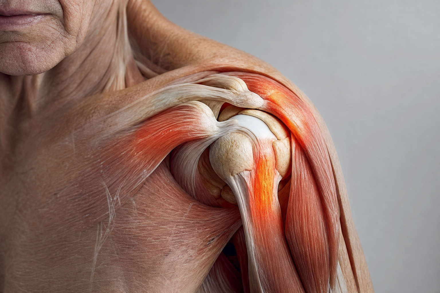 Close-up view of an elderly person's shoulder showing muscle and joint structure