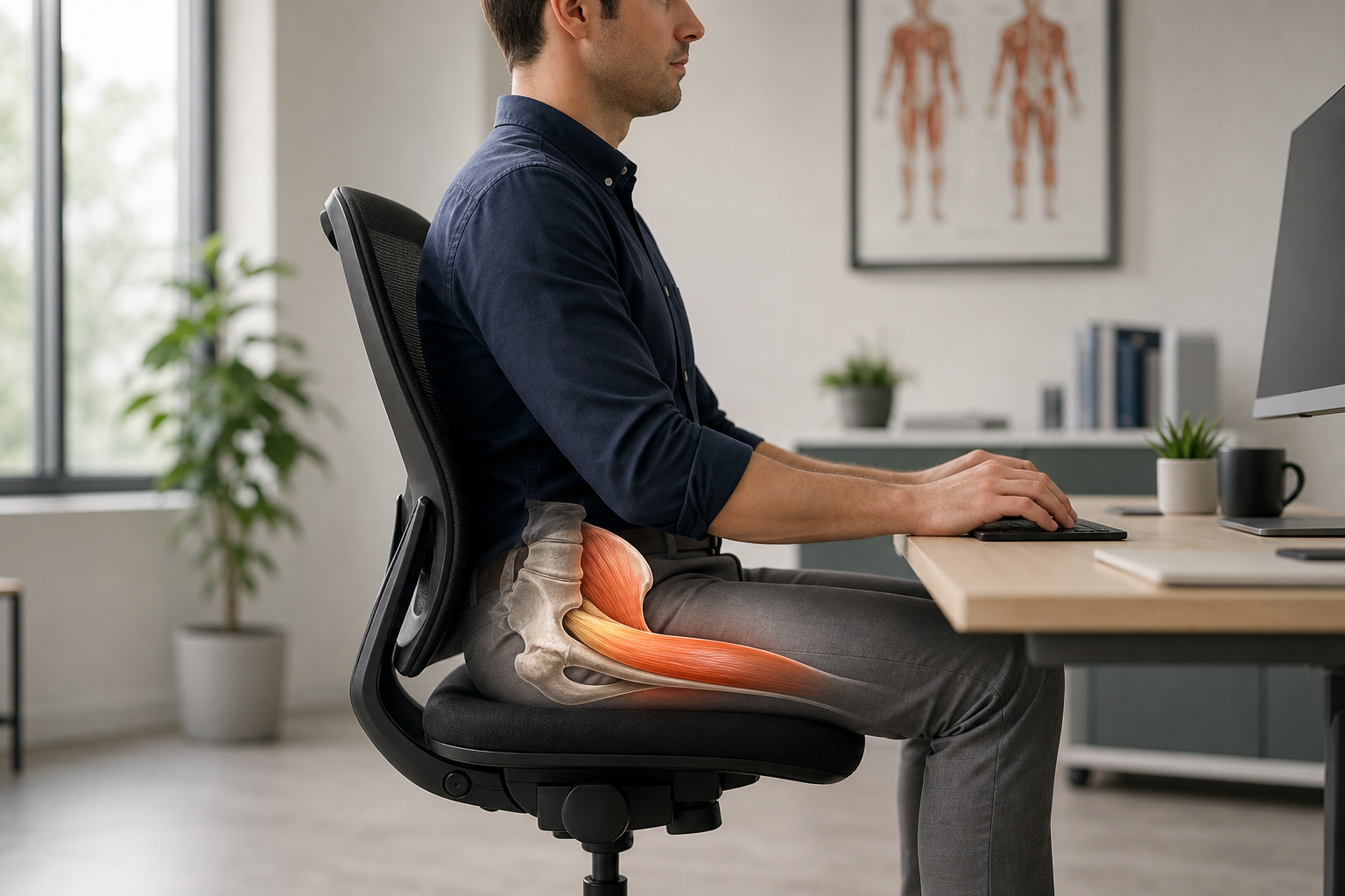 Person sitting at a desk with hip flexor muscles highlighted showing tension from prolonged sitting