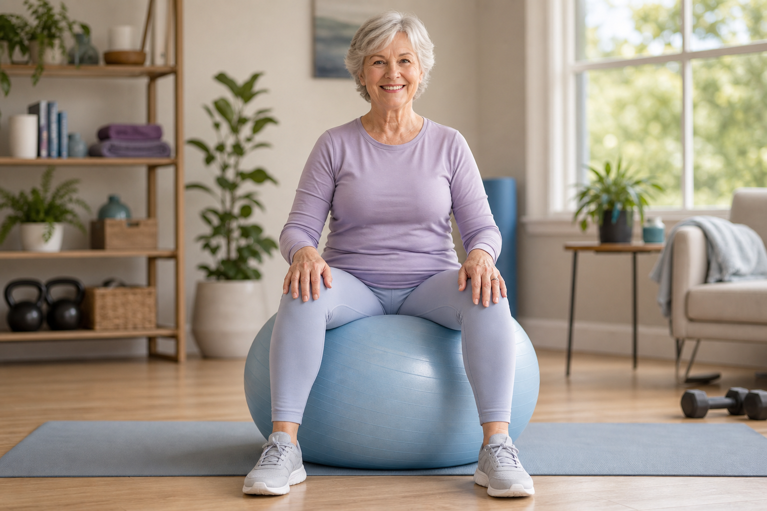 Senior woman sitting with good posture on a blue stability ball in a bright room