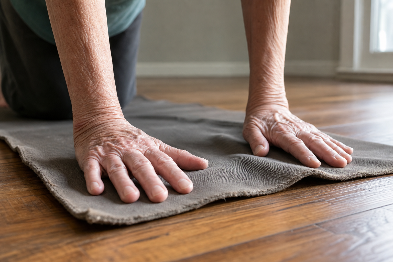 Elderly hands pressing on a thin yoga mat that shows signs of slipping on a hardwood floor