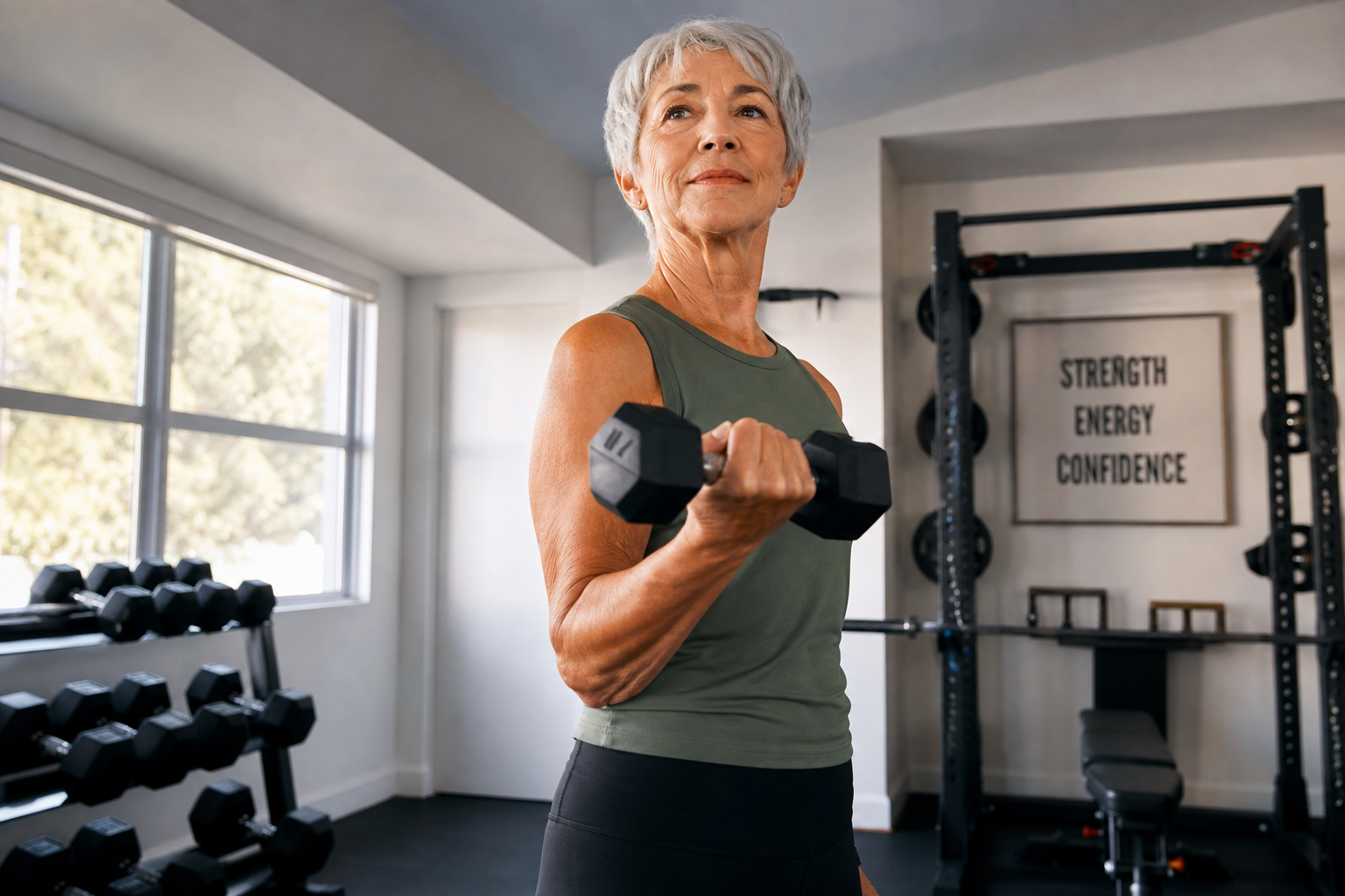An older woman in her seventies lifting dumbbells in a bright home gym