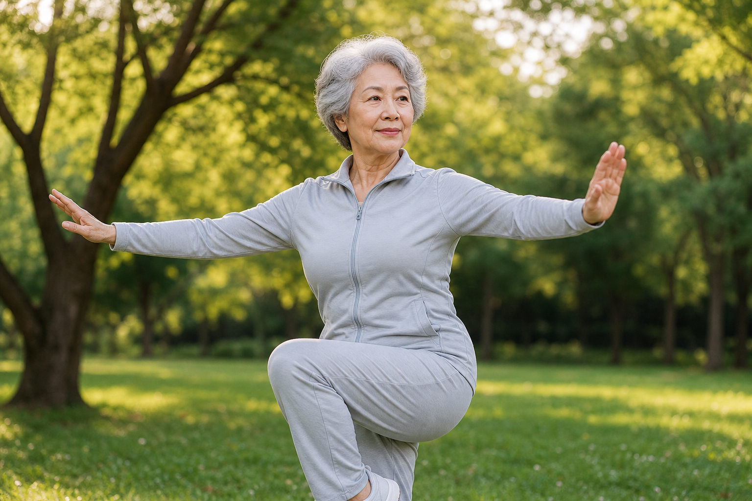 Elderly woman balancing on one leg during an outdoor tai chi practice