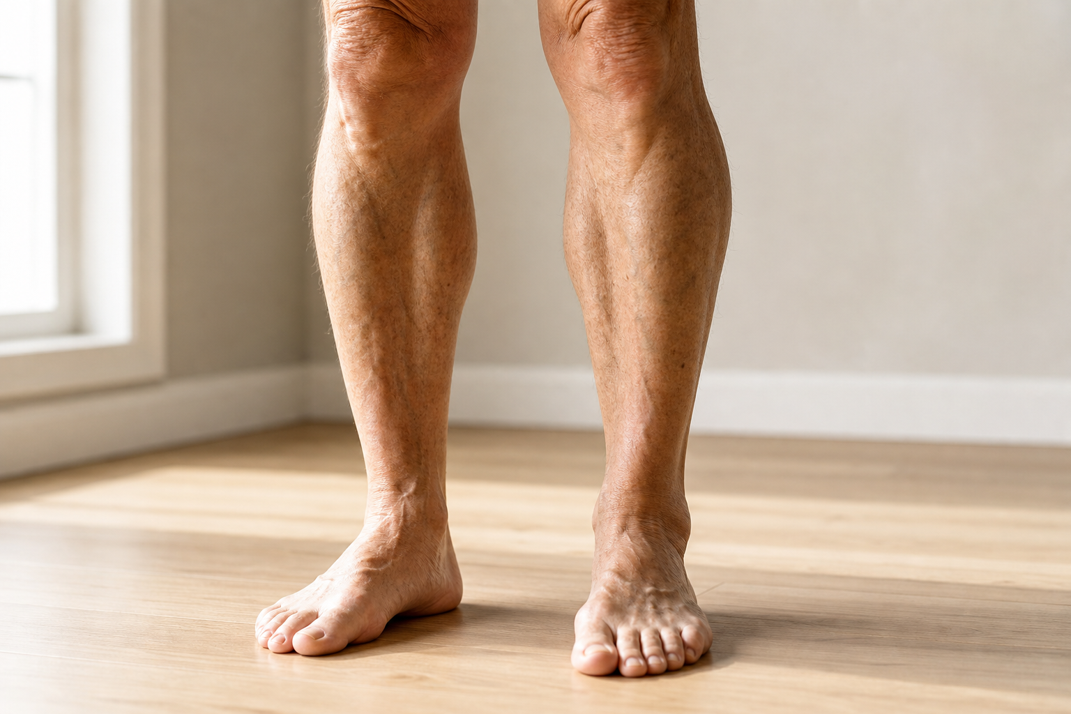 Close-up of an older adult's lower legs showing calf muscle definition