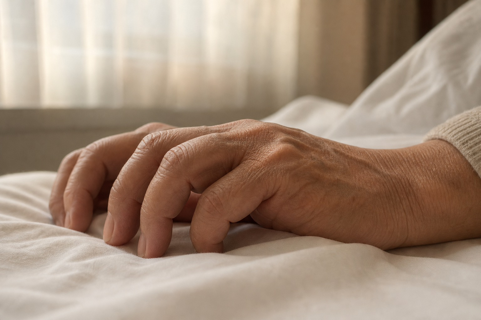 Close-up of stiff hands resting on a bed in the morning light