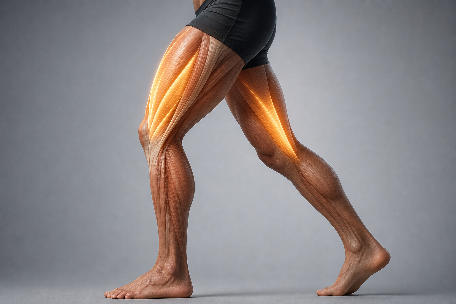 Close-up of a human leg showing the quadriceps and hamstring muscles highlighted during a standing motion