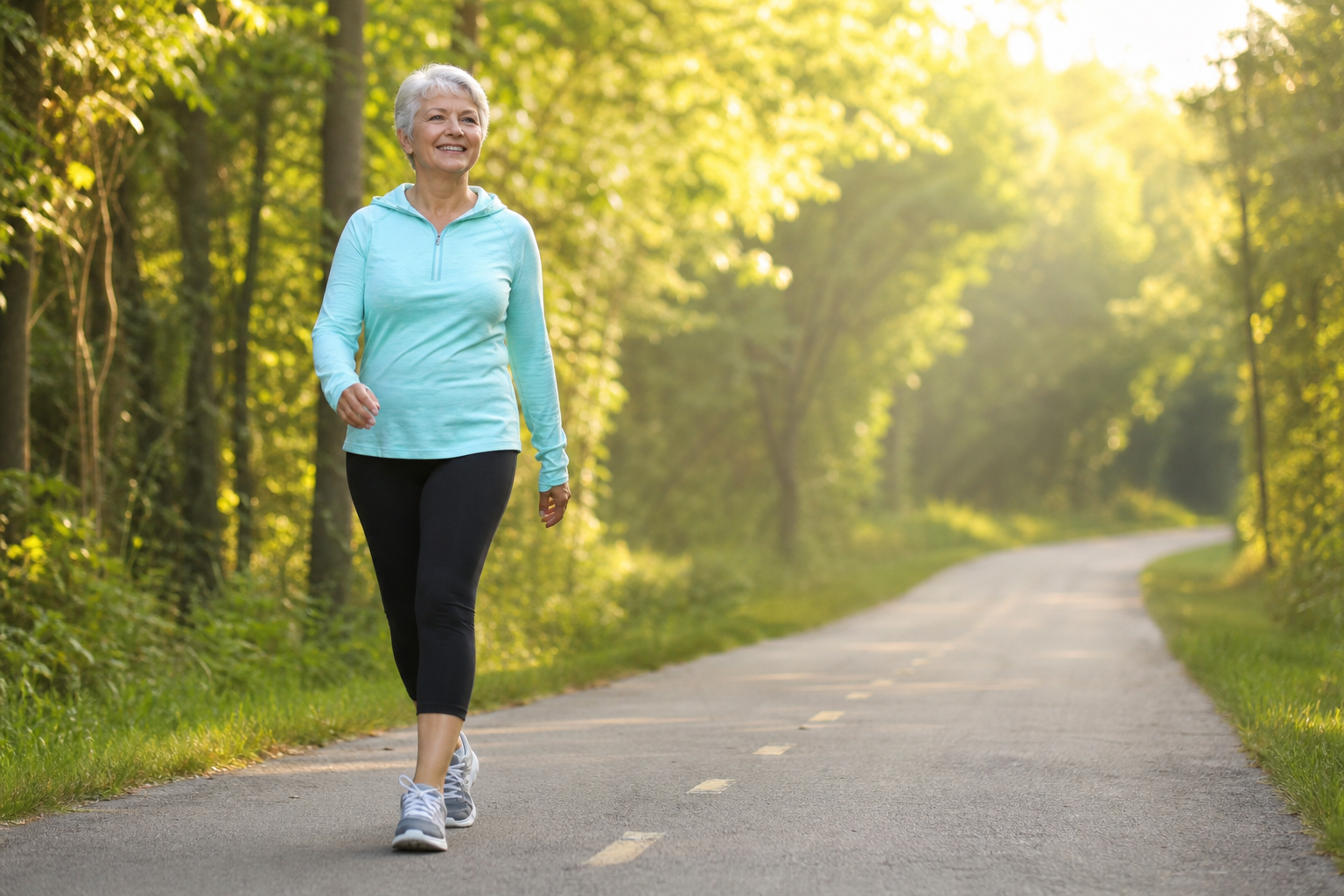 An older woman walking confidently on a sunny tree-lined path
