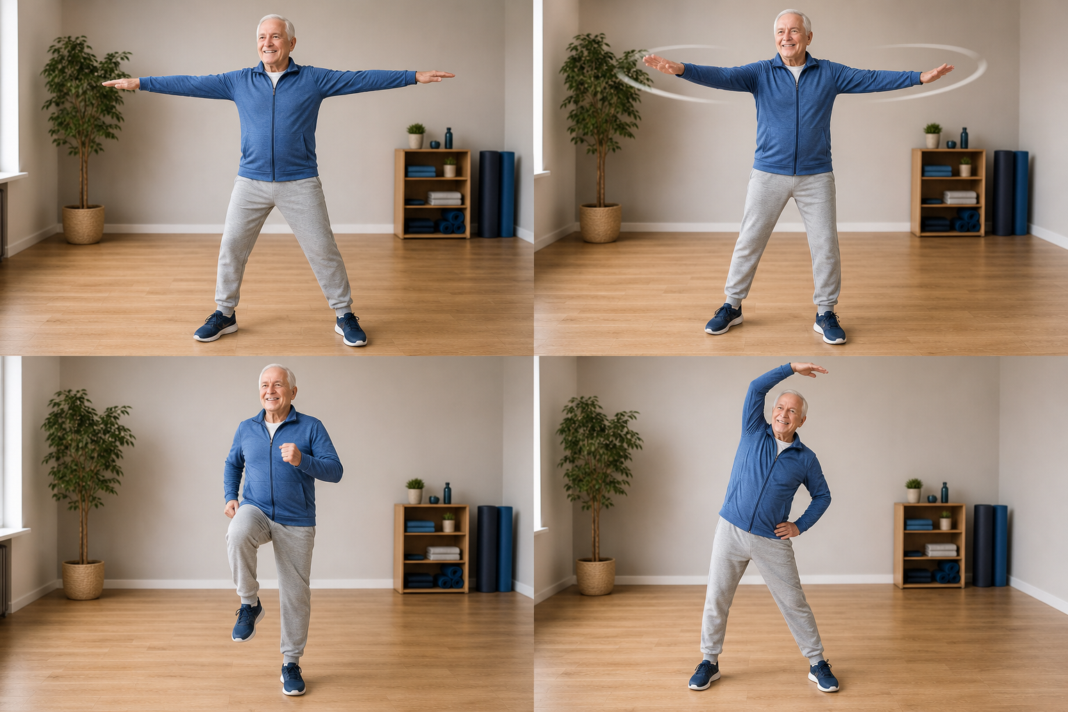 Senior man doing a dynamic warm-up routine including arm circles and marching in place