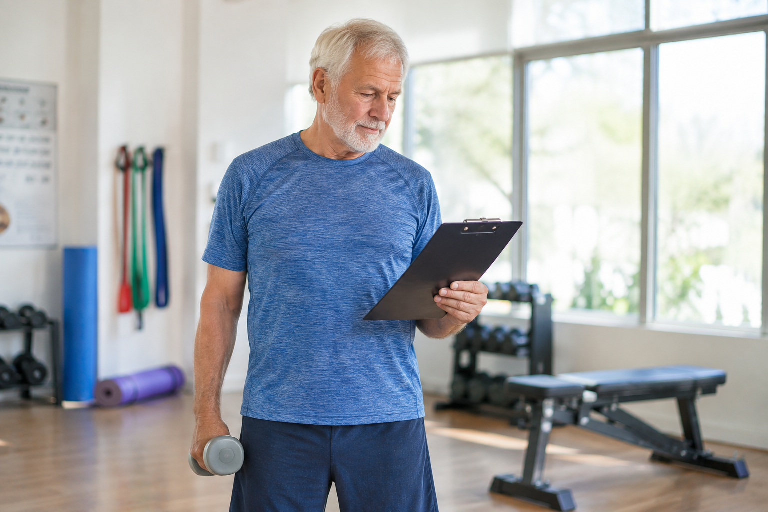Senior man reviewing a workout plan while holding dumbbells in a gym