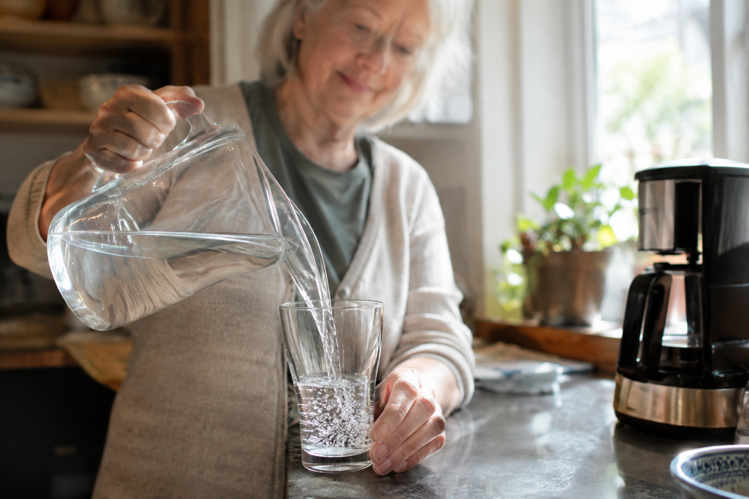 Senior woman drinking water as part of her daily morning routine in the kitchen