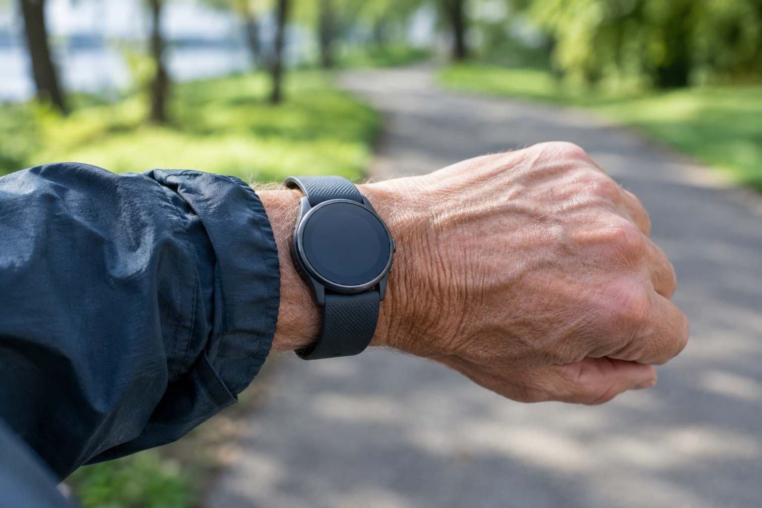 Senior checking a stopwatch while walking, representing a time-based interval framework