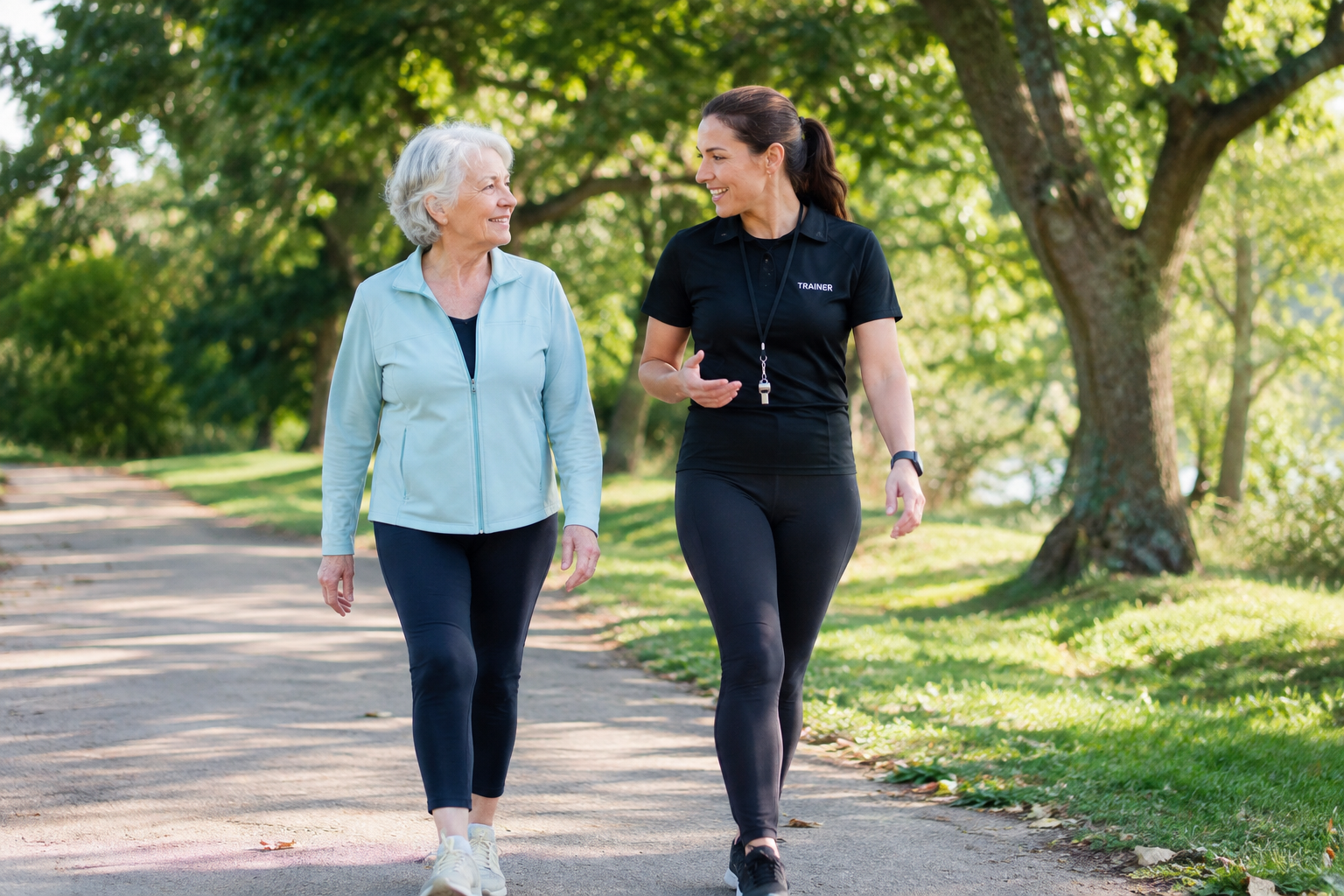 Senior woman walking slowly with an instructor as part of a structured cool-down routine