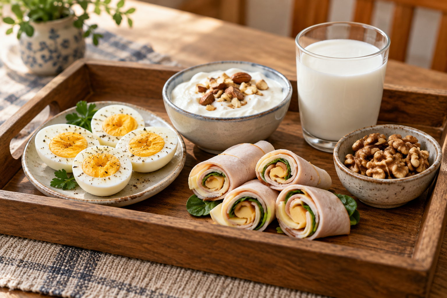 Tray of assorted small high-protein snacks arranged for easy eating