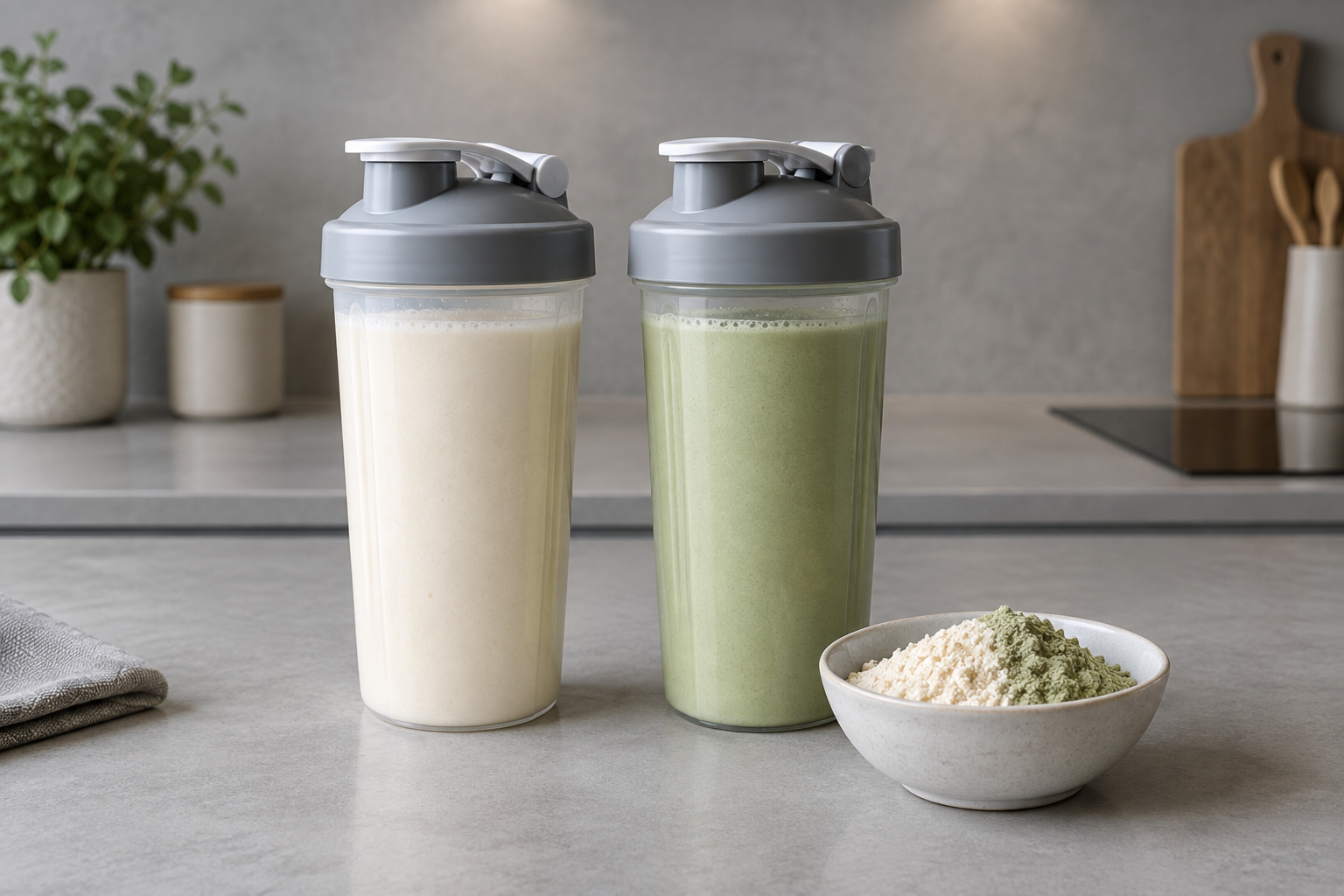 Whey and plant protein powders and shakes combined on a kitchen counter