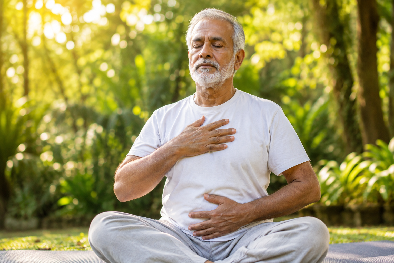 Senior man practicing deep breathing while stretching outdoors