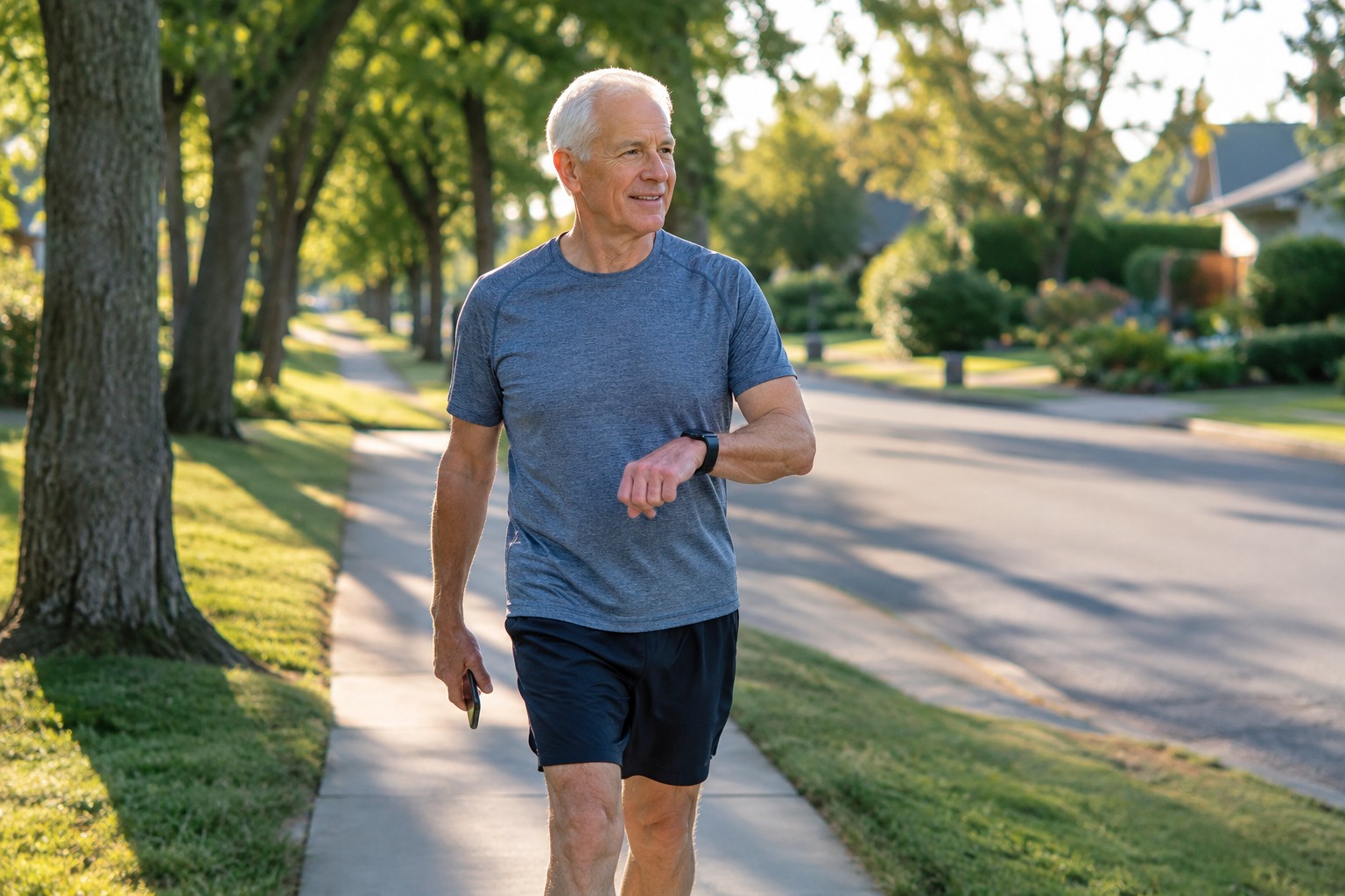 Senior man tracking his walking progress on a neighborhood sidewalk