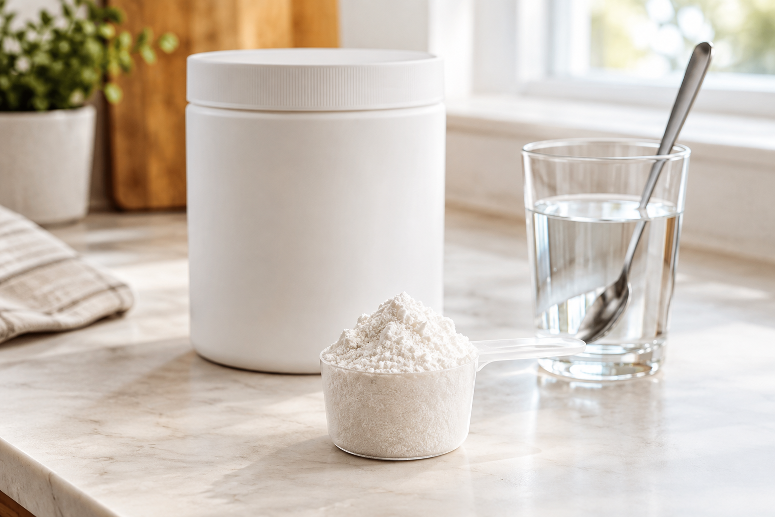 Creatine powder supplement and water glass on a clean kitchen counter