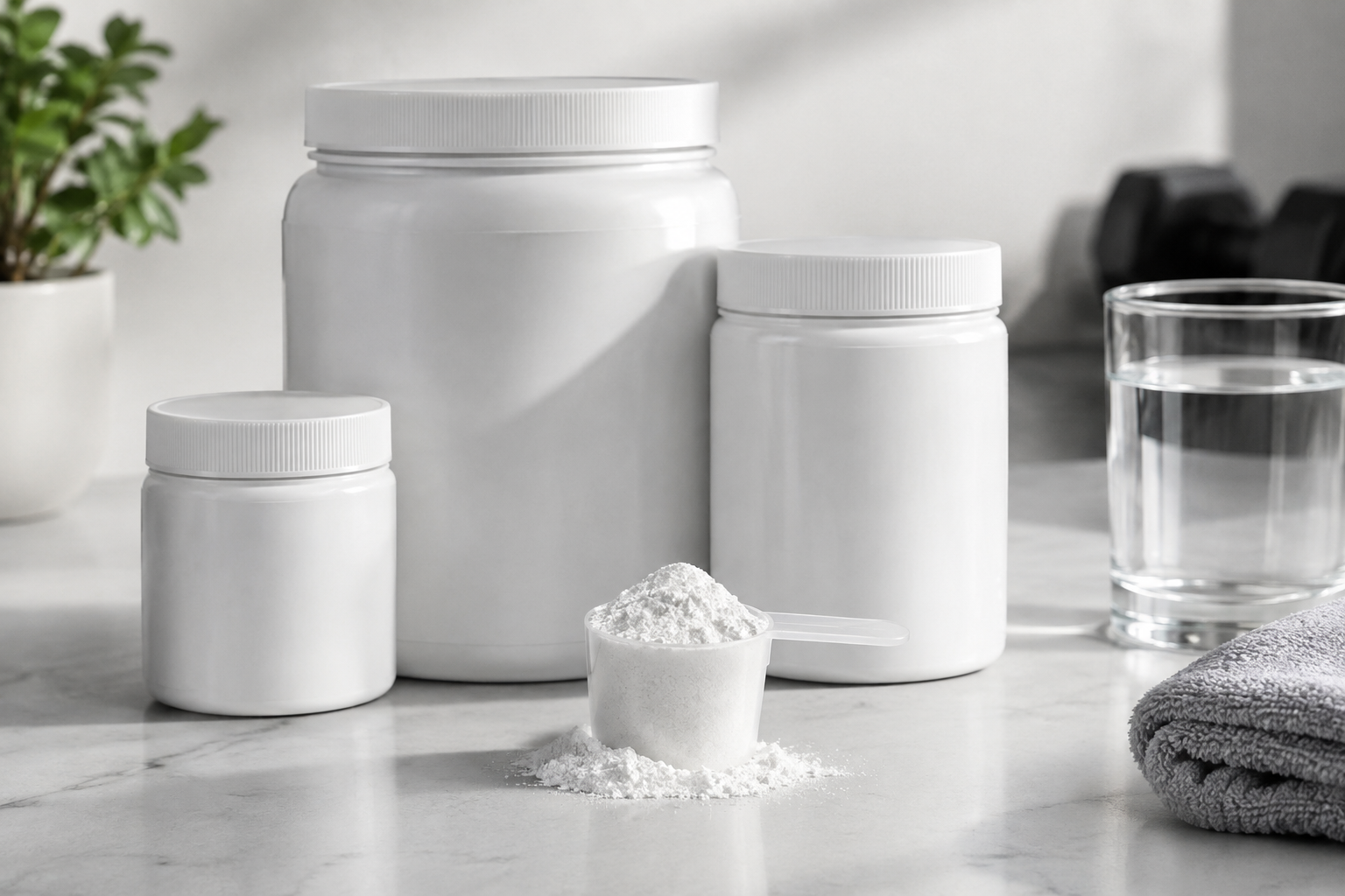 Assortment of creatine supplement containers and powder scoop on a counter