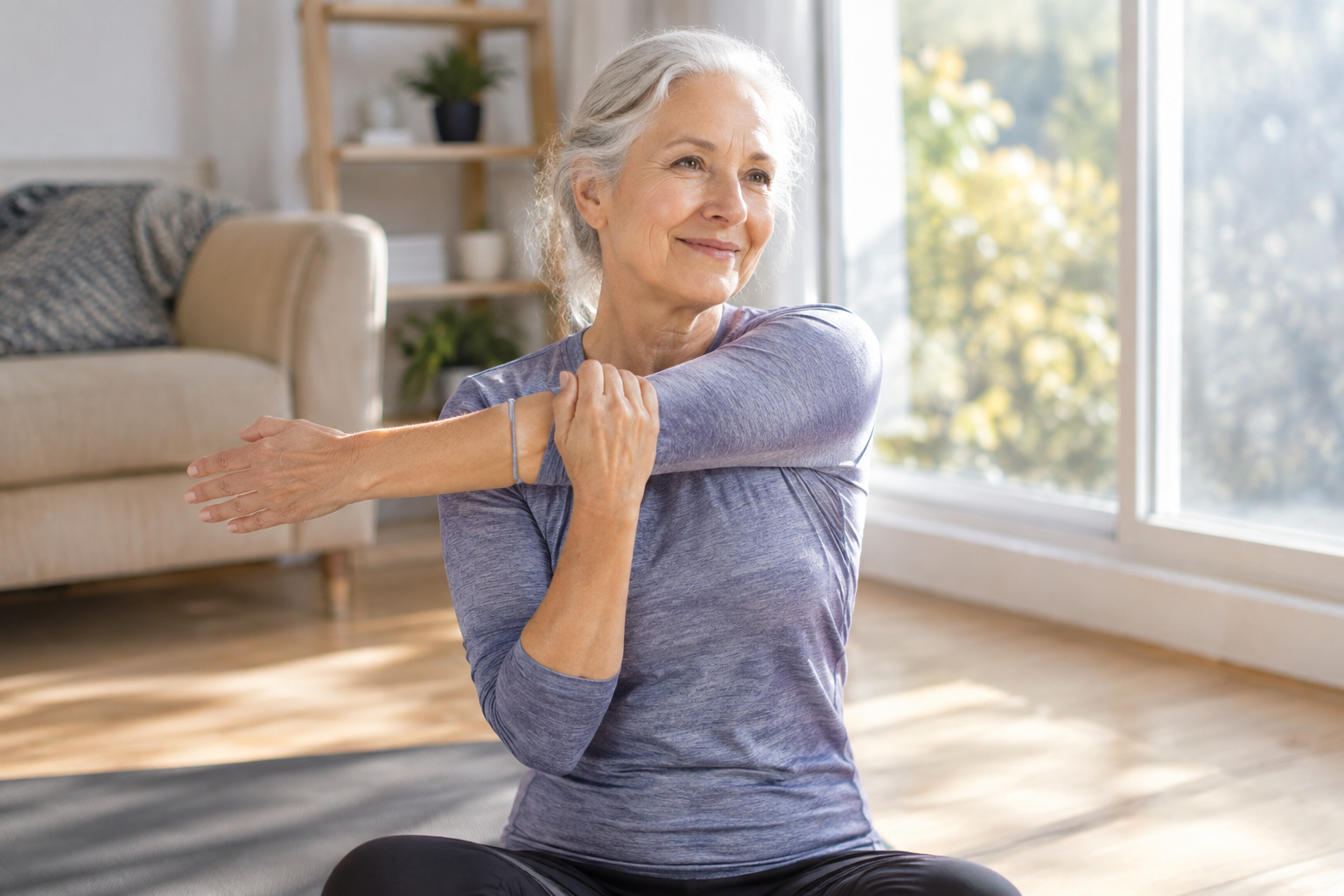 Senior woman gently stretching within a comfortable range of motion in a bright living room