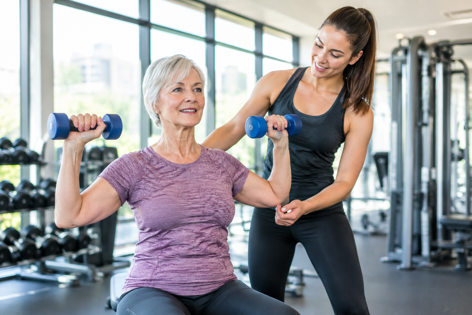 Senior woman lifting light dumbbells with a trainer guiding her strength training session