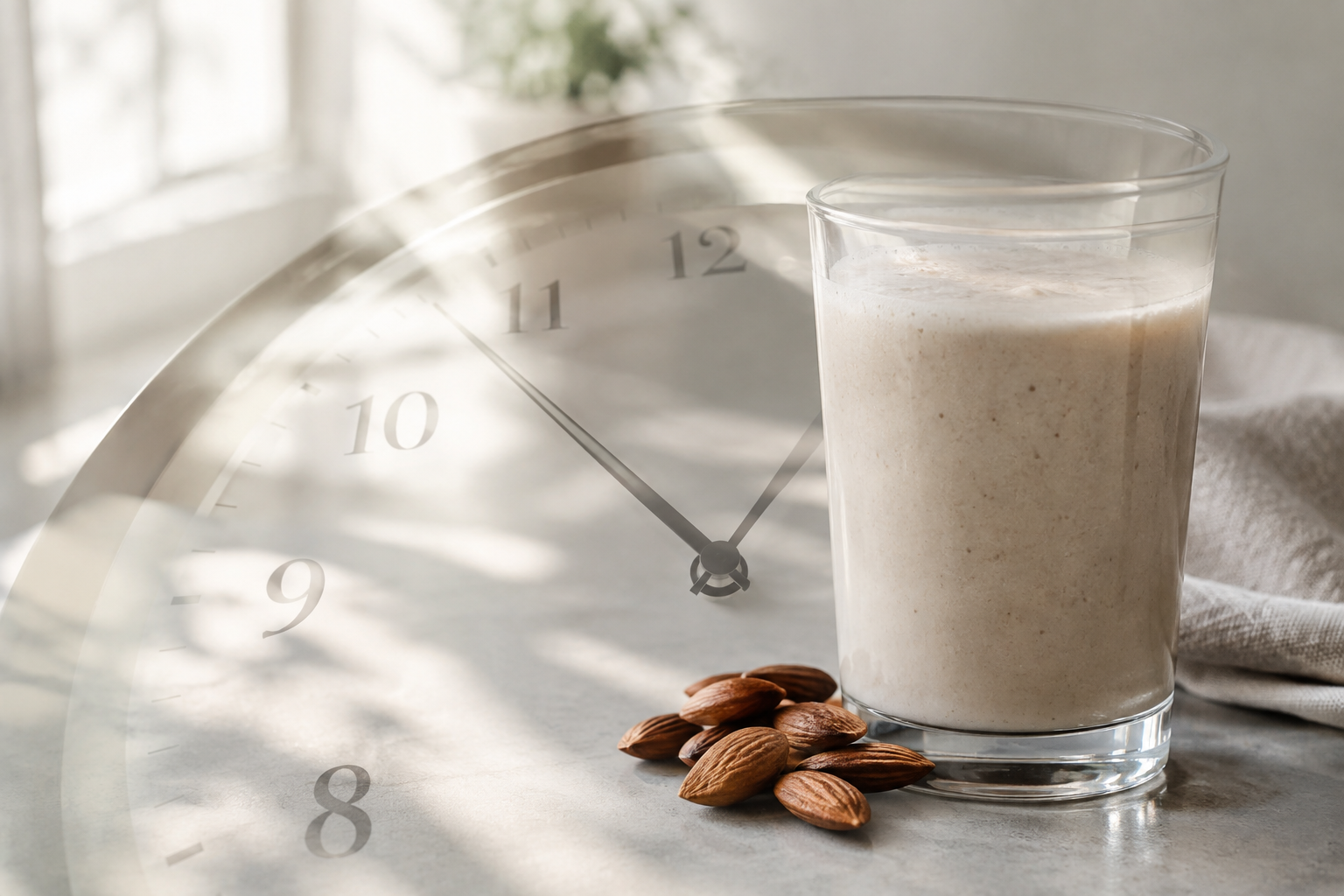 Clock and protein shake symbolizing the anabolic window concept